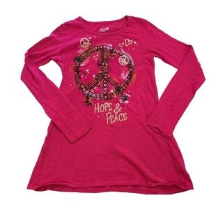 Y2K Justice Girls Pink Hope & Peace Sign Glitter Long Sleeve Tee Shirt XS/S #2